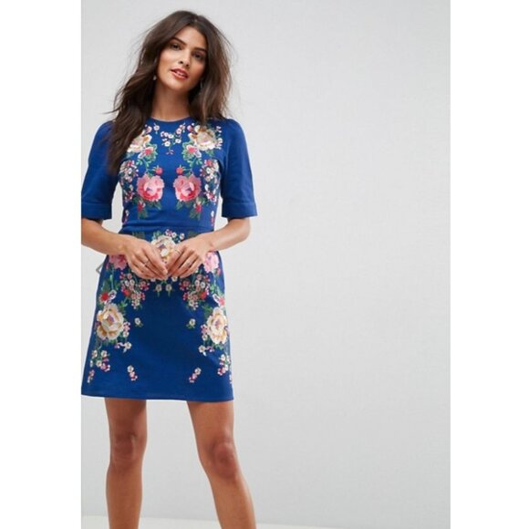 ASOS | Womens 10 Blue Floral Embroidered Mini Dress Boho Cut Out Event - Picture 1 of 11